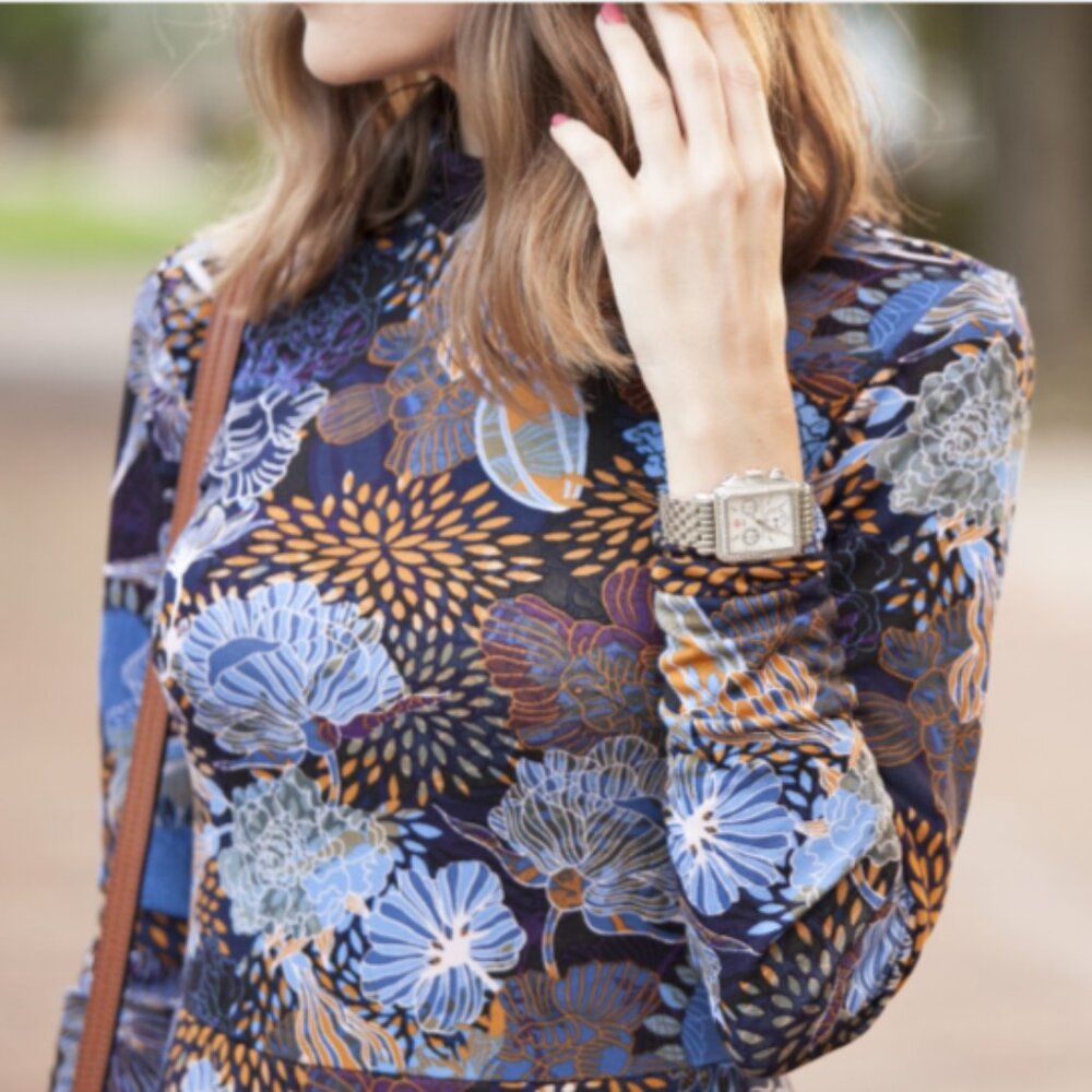 H&M - Women's Blue High Neck Long Sleeve Floral Print Viscose Blend Dress Small